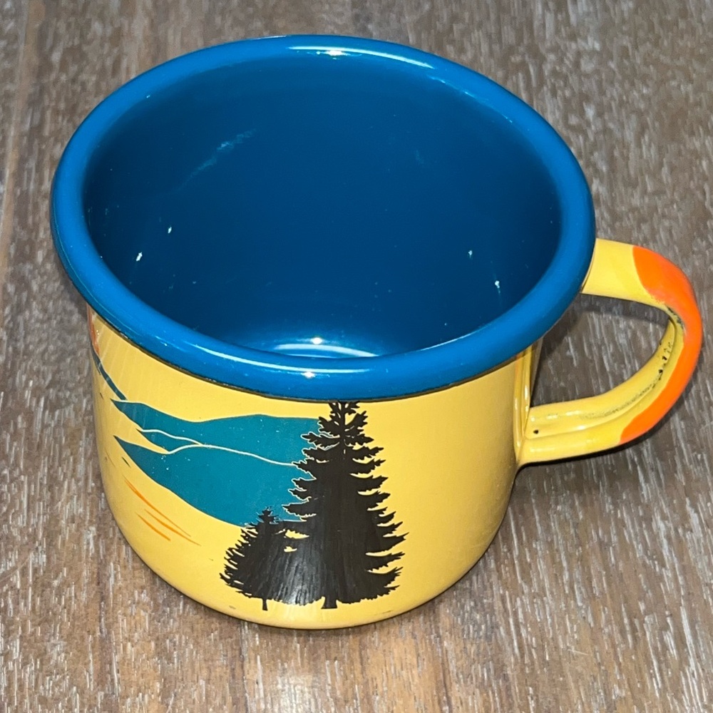 United By Blue Enamelware Steel Camping Coffee Mug 12oz Mountains Tree